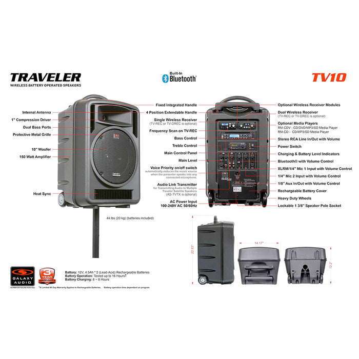Galaxy Audio Traveler TV10 2-Portable Speaker with Emic Microphone and Bluetooth
