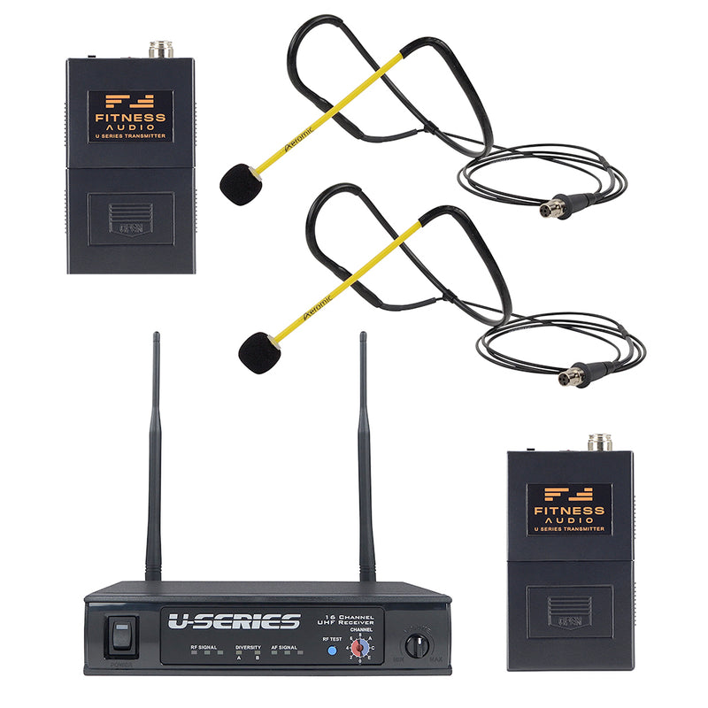 Hot Yoga Fitness Audio UHF Heavy-Use System with 2 Aeromic Headset Microphones and 2 Bodypack Transmitters
