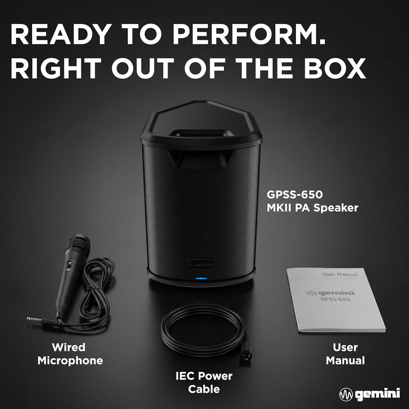 Gemini GPSS-650 Portable Professional Rechargeable PA Speaker with Bluetooth In the Box