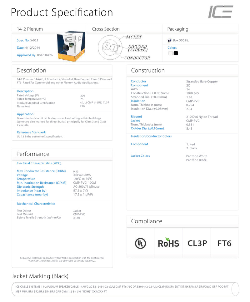 ICE 14AWG, 2-Cond, Plenum Rated, BMP, Box 500' Speaker Cable in a Box