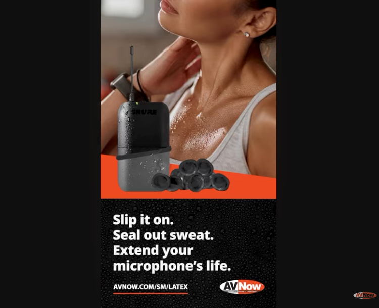 AVNOW microphone cover with a person wearing it, showing sweat on skin.