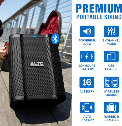 Alto Professional Busker 200W Portable PA Speaker System with Rechargeable Battery, Bluetooth, 3-Channel Mixer, Alesis FX, App Control, USB Charging