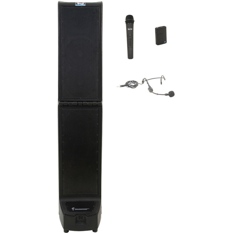 Black speaker with microphone and earpiece on a white background