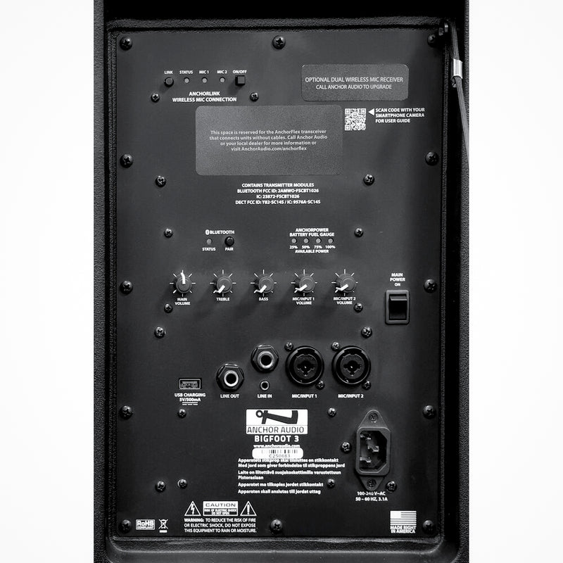 Back panel of a speaker with control buttons and labels anchor-audio-bigfoot-3
