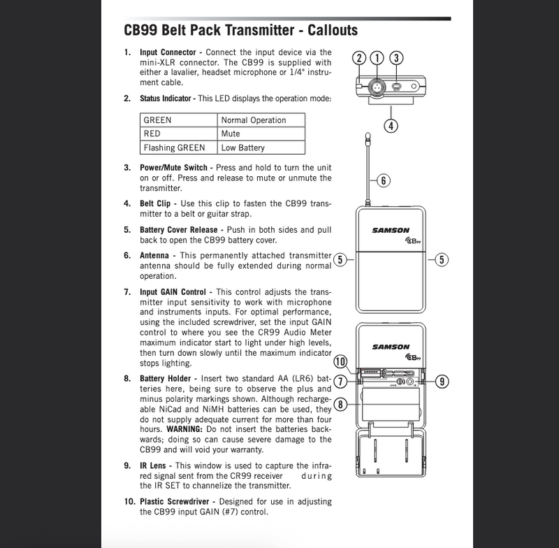 Directions for Samson CB99 SWC99T00 Beltpack Transmitter