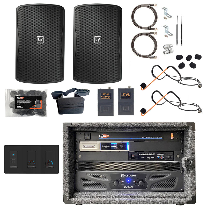 Hot Yoga Sound System with two black speakers and microphone system