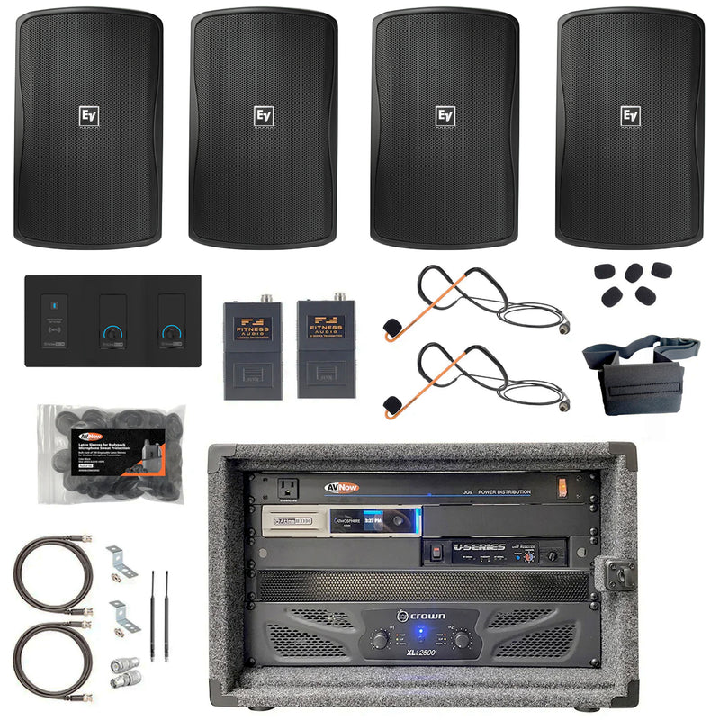 Hot Yoga Sound System with four black speakers and microphone system