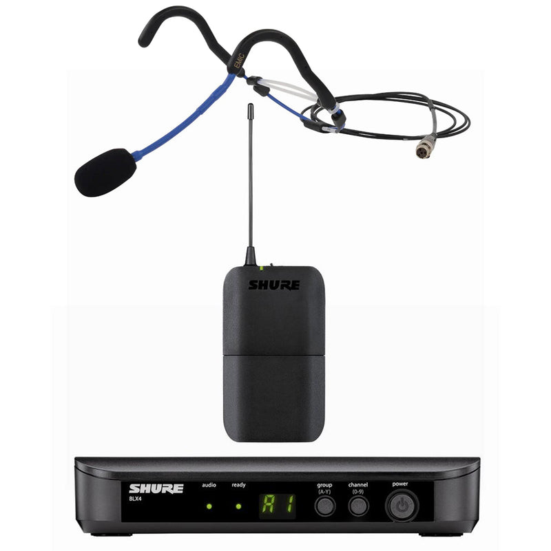 Shure BLX Wireless Microphone System with E-mic Fitness Headset. The image shows a black bodypack transmitter, a headset microphone with a gooseneck, and a receiver with display screens and controls.