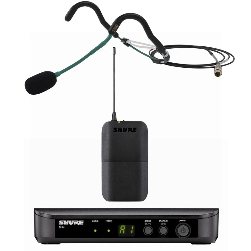 Shure BLX Wireless Microphone System with E-mic Fitness Headset. The image shows a black bodypack transmitter, a headset microphone with a gooseneck, and a receiver with display screens and controls.
