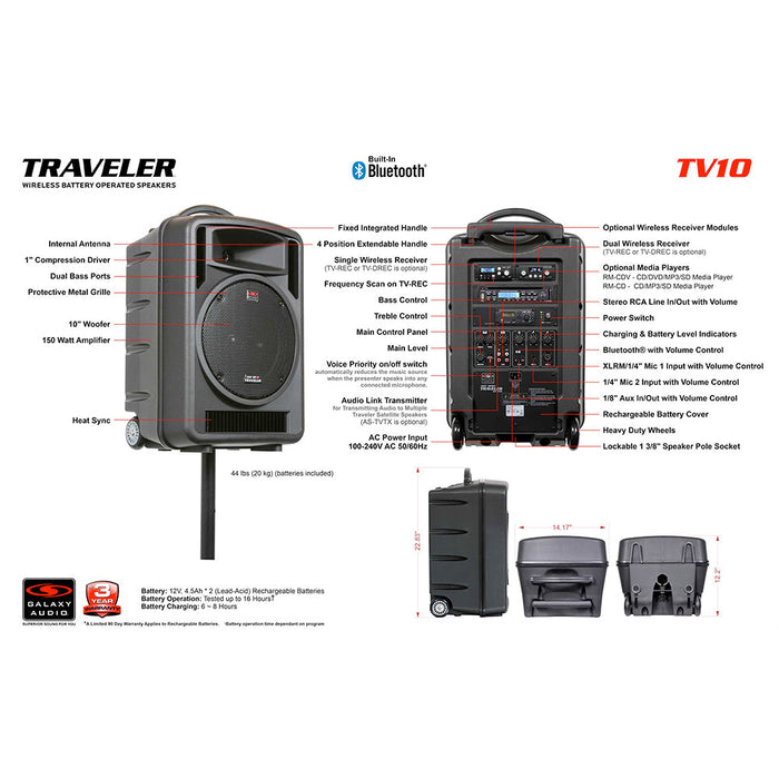 Galaxy Audio Traveler TV10 Speaker with Bluetooth and EVO-E Splash-proof Headset Microphone