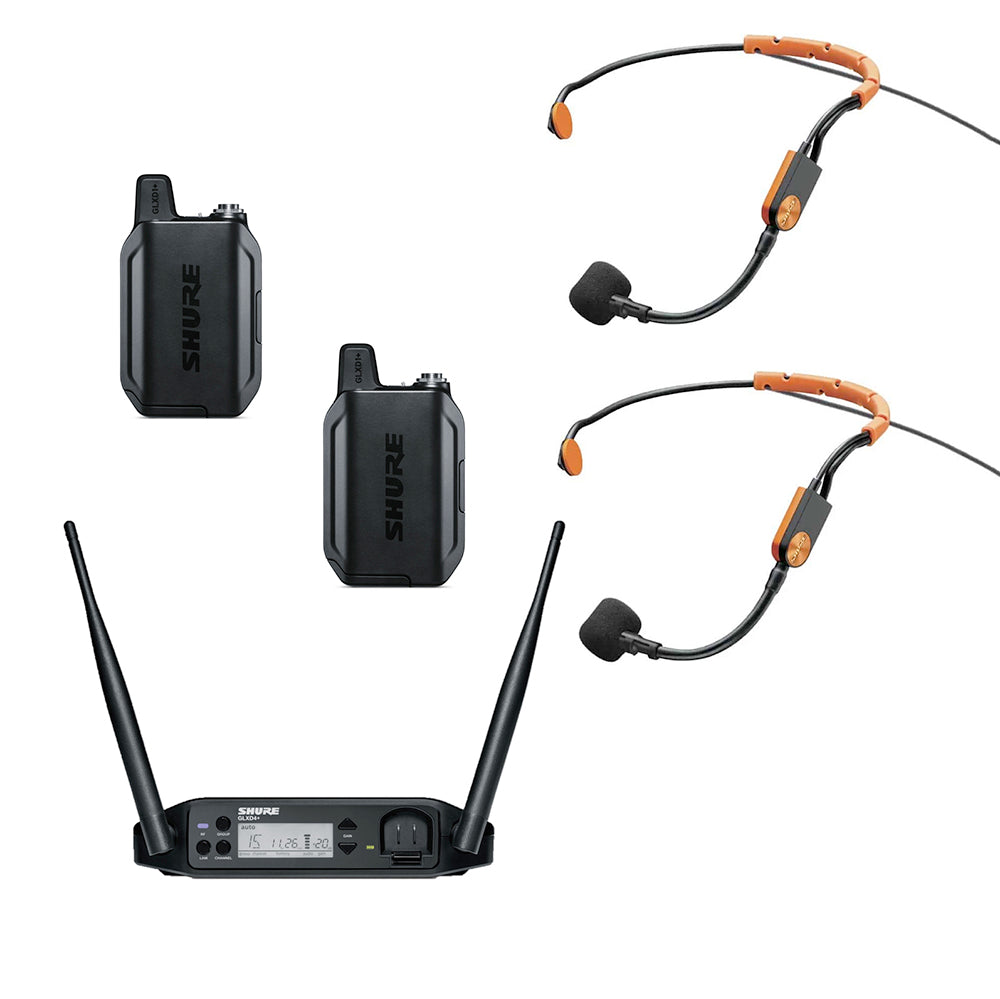 Shure GLXD14+ Wireless Microphone System with (2) Bodypack Transmitters and (2) SM31 Headset Microphones
